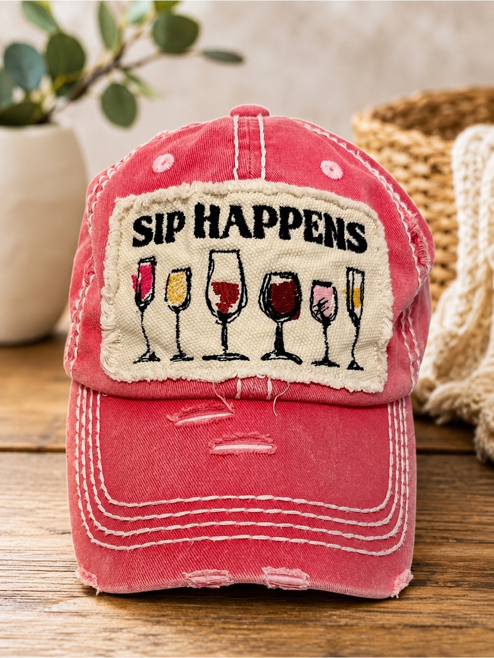 KBETHOS Sip Happens Distressed Dad Hat Washed Coral Pink NWOT